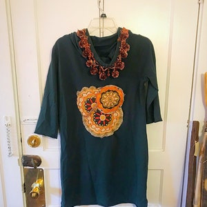 Handmade Upcycled Green Tunic Blouse with Patchwork Applique Mandala Detail on Front Breast and Back with Pom Pom Red Beaded Lined Hood