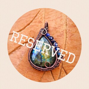 Copper Wire Wrapped Weaved Orange and Blue Flash Labradorite with Lapis Lazuli Bead Swirl Accent Detail on Side Pendant Necklace Boho Style