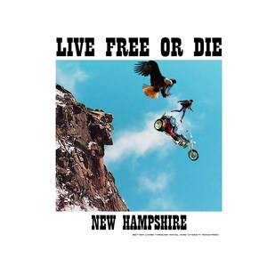 Puede incluir: Un diseño gráfico que presenta una motocicleta volando desde un acantilado con un águila volando por encima. El texto "LIVE FREE OR DIE" está en la parte superior de la imagen y "NEW HAMPSHIRE" en la parte inferior. El texto "BETTER LIVING THROUGH ROYAL KING DYNASTY INDUSTRIES" está debajo del nombre del estado.