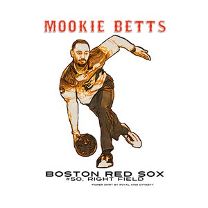 May include: A digital illustration of a baseball player in a yellow and brown uniform throwing a baseball. The text "MOOKIE BETTS" is at the top of the image. The text "BOSTON RED SOX #50, RIGHT FIELD" is at the bottom of the image. The text "POWER SHIRT BY ROYAL KING DYNASTY" is below the team name.