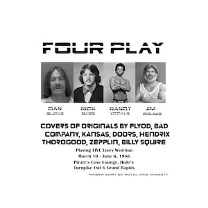 FOUR PLAY 1986 カバーバンド ユニセックス Tシャツ / クラシックロック 80年代 90年代 70年代 ツアーシャツ フェスティバル 最悪のバンド 面白い 皮肉 キッチュ 悪い ツェッペリン、フロイド