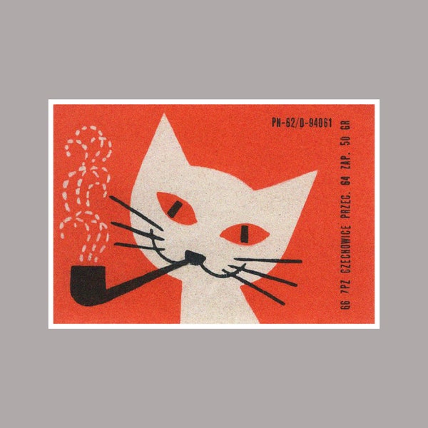 Poland Happy Cat Smoking Pipe 1966 T-Shirt / Socialist Matchbox Artwork USSR Soviet Union Realism 60s Design Vintage Warsaw Kitsch Thrift