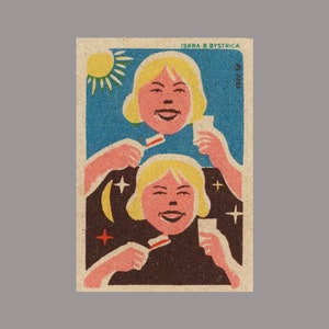 May include: Two girls with blonde hair are brushing their teeth. The girl on top is brushing her teeth in the daytime, while the girl on the bottom is brushing her teeth at night. The image is a vintage illustration with a blue, yellow, and pink color scheme.