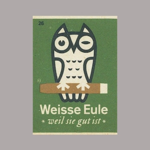 Germania Est Gufo Bianco Sigaro T-Shirt / Propaganda Poster Modernismo Sovietico 1960s Design DDR Comunista Socialista Germania Berlino Est Match Box