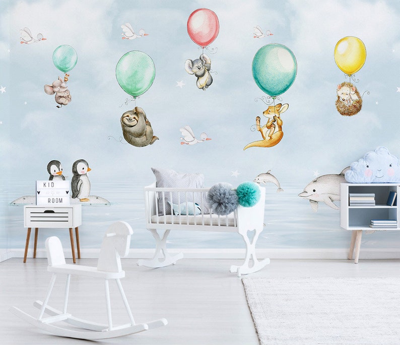 Animals with colorful balloon wallpaper for nursery bedroom | Etsy