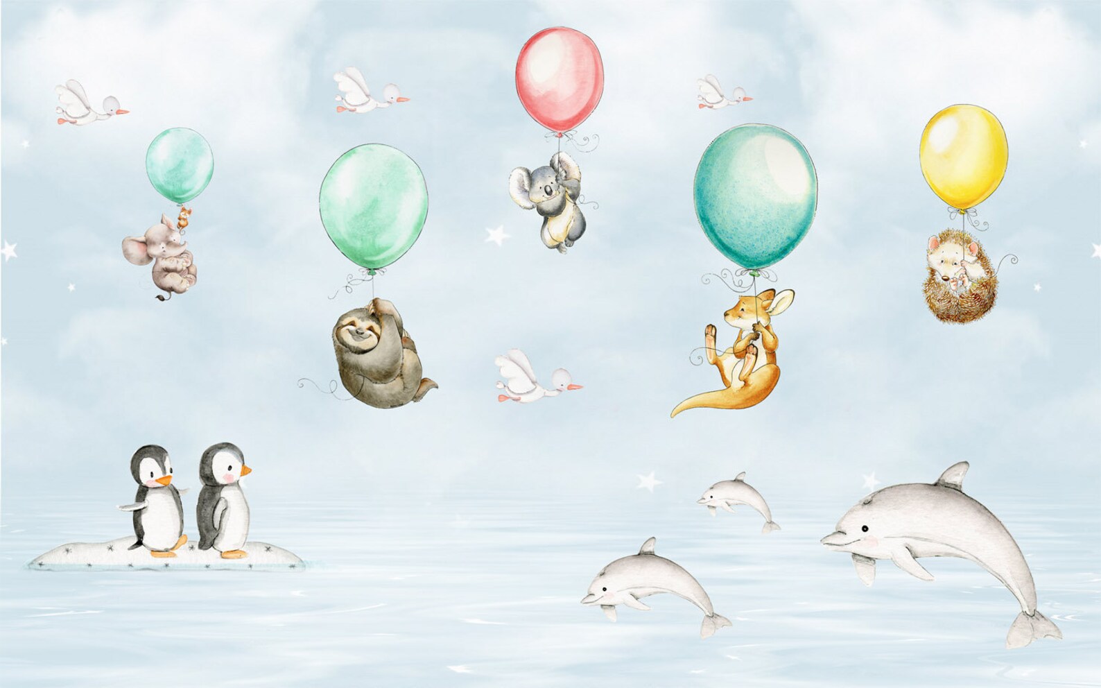 Animals with colorful balloon wallpaper for nursery bedroom | Etsy