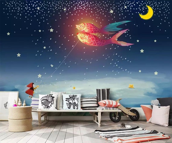 Starry Night Wallpaper For Nursery Bedroom Carp Kite Kids Bedroom Wall Paper Mural