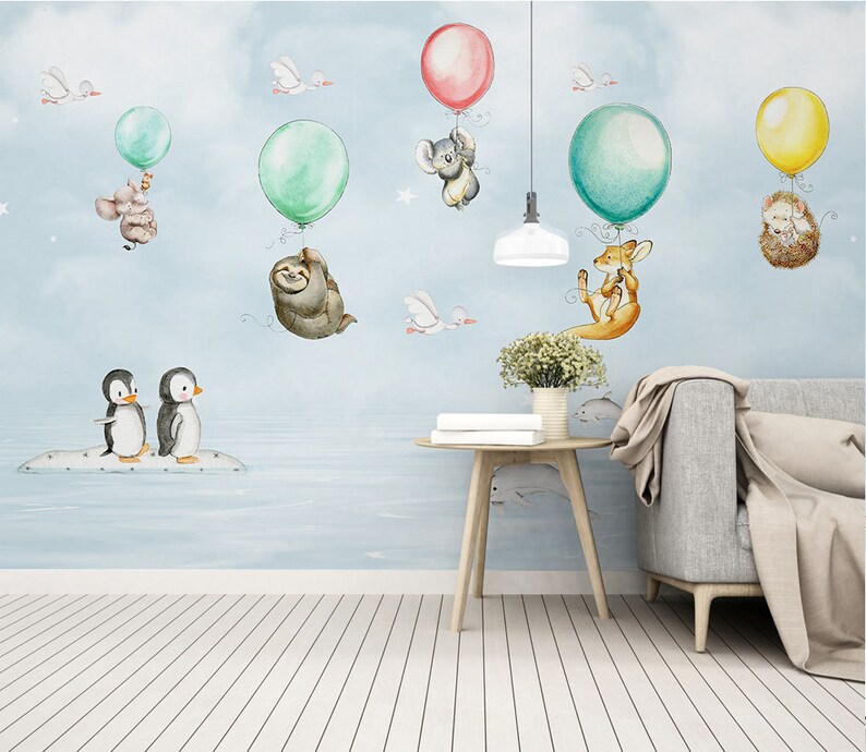 Animals with colorful balloon wallpaper for nursery bedroom | Etsy