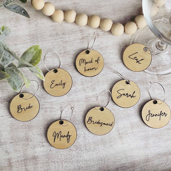 Personalized Wine Charms, Wood Wine Charms, Wedding, Wine Glass Place Cards, Rehearsal Dinner, Personalized Party Favor, Hostess Gift