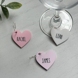 Acrylic Wine Charms, Valentines Drink Charms, Heart Glass Charms, Personalized, Wine Glass Markers, Wine Lovers Gift, Pink, Bridal Shower