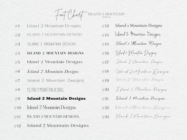 May include: A font chart with 23 different handwritten variations of the text "Island 2 Mountain Designs".