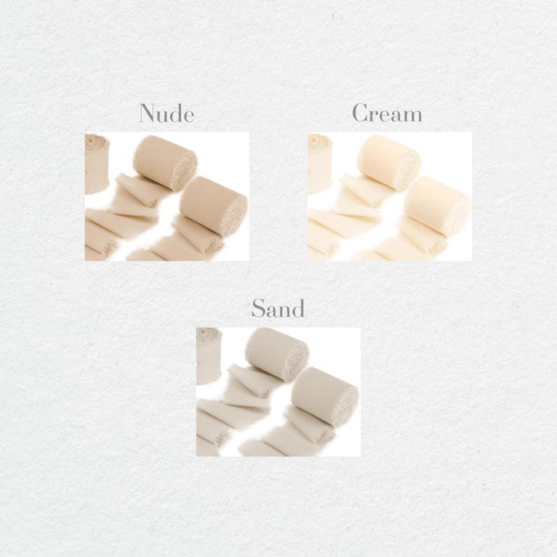 May include: Three rolls of fabric ribbon in different shades of beige: nude, cream, and sand. The ribbon is made of a soft, natural material and has a slightly textured surface.