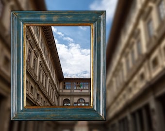GOLA - Painted frame/photo, Picture/photo frame, Wooden mirror, MIRROR frame, Made Italy, Tempera blu, Decor, gold leaf