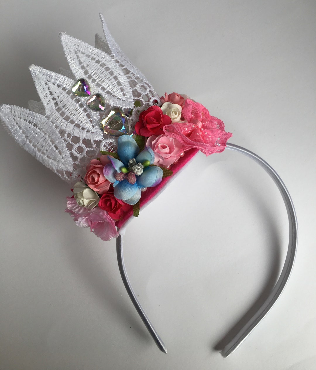 Pink Flowers With White Lace Crown Headband - Etsy