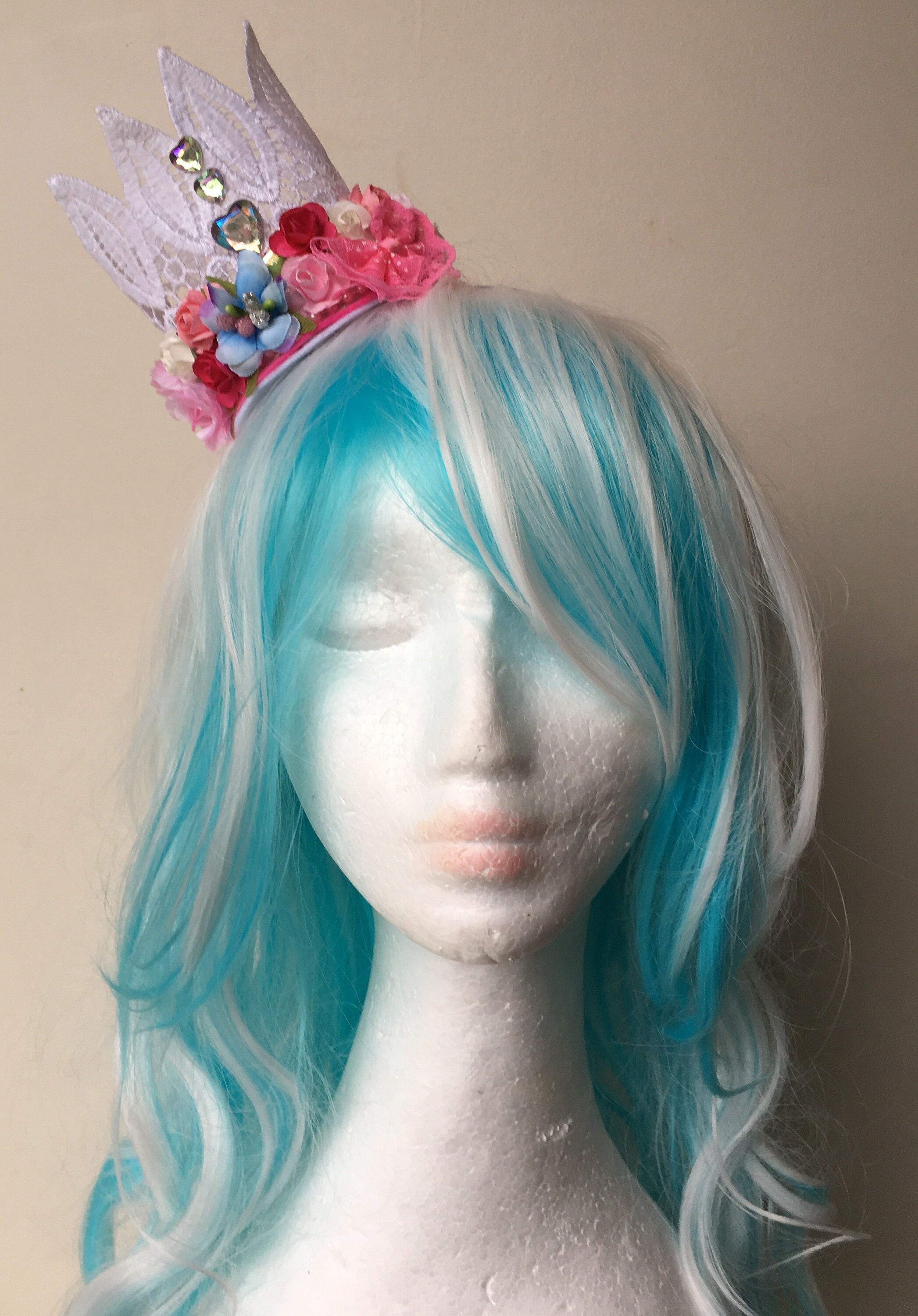 Pink Flowers With White Lace Crown Headband - Etsy