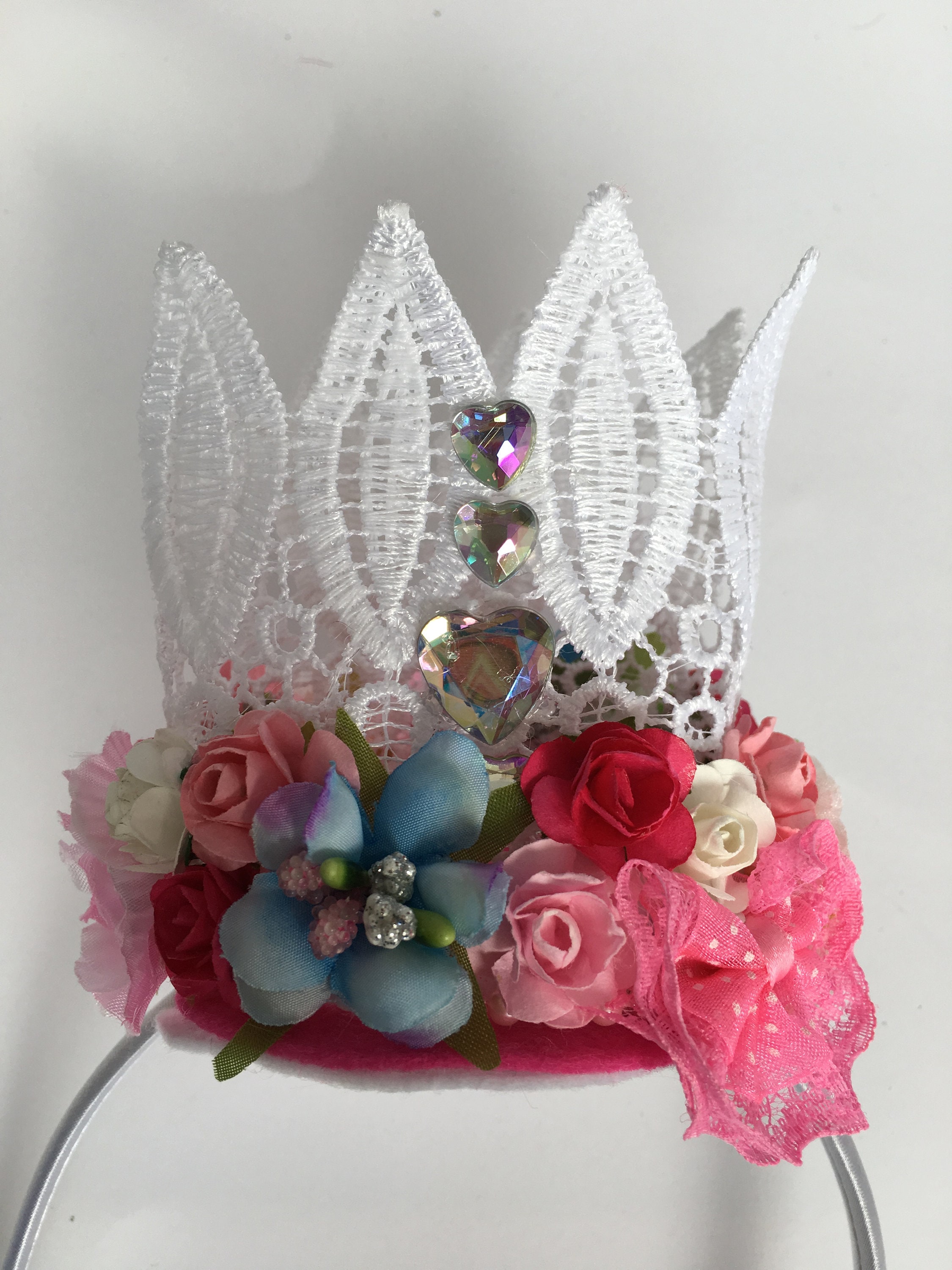 Pink Flowers With White Lace Crown Headband - Etsy