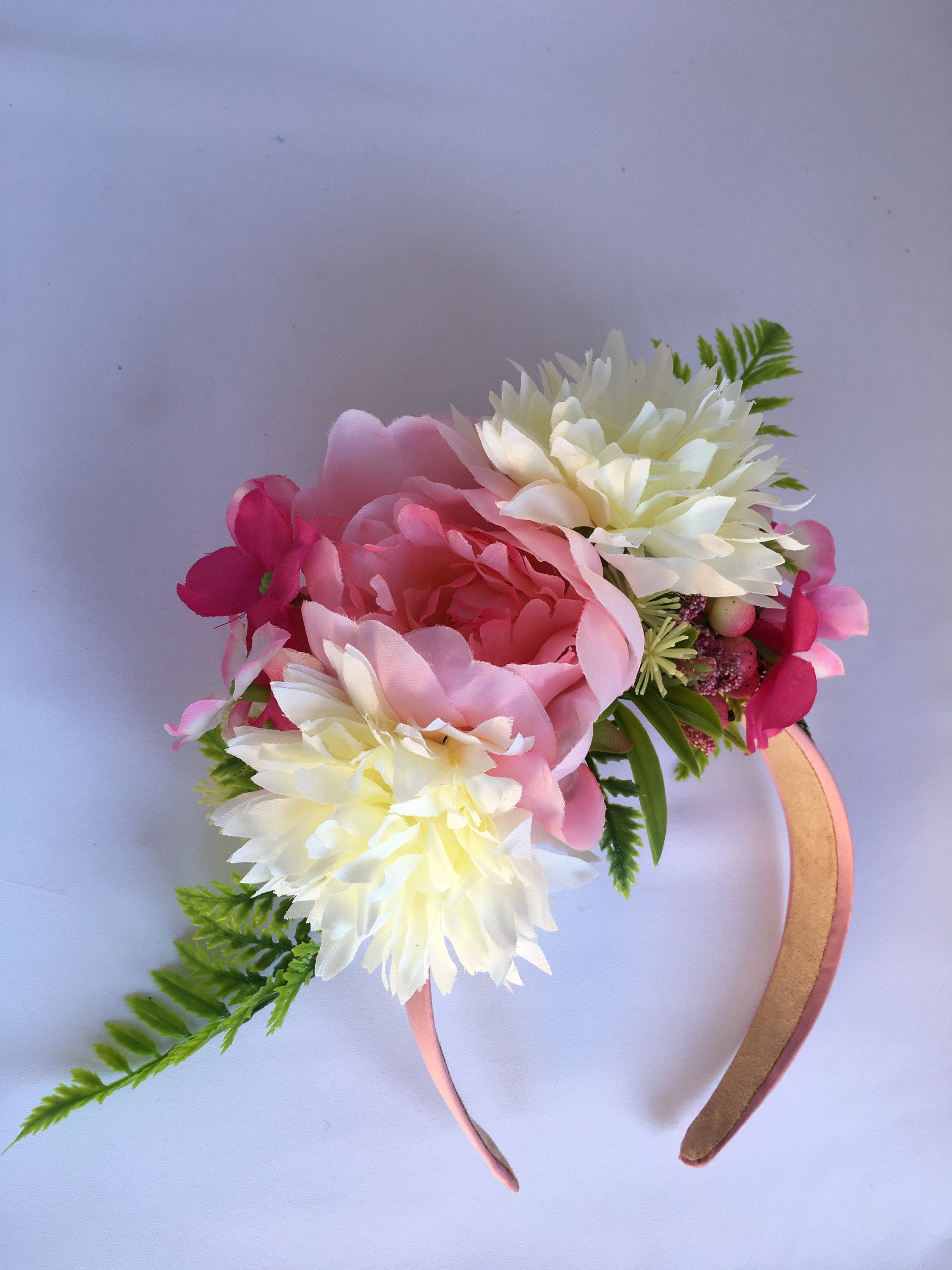 Pink and White Floral Headband With Green Foliage, Flower Headpiece, - Etsy