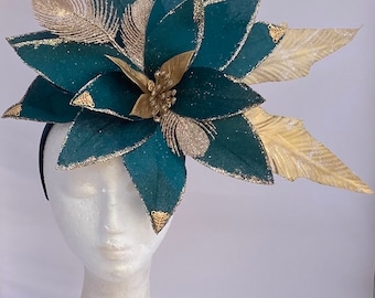 Fascinateur de fleurs vert émeraude, bandeau floral, casque de déclaration, accessoires pour cheveux de mariage et de courses