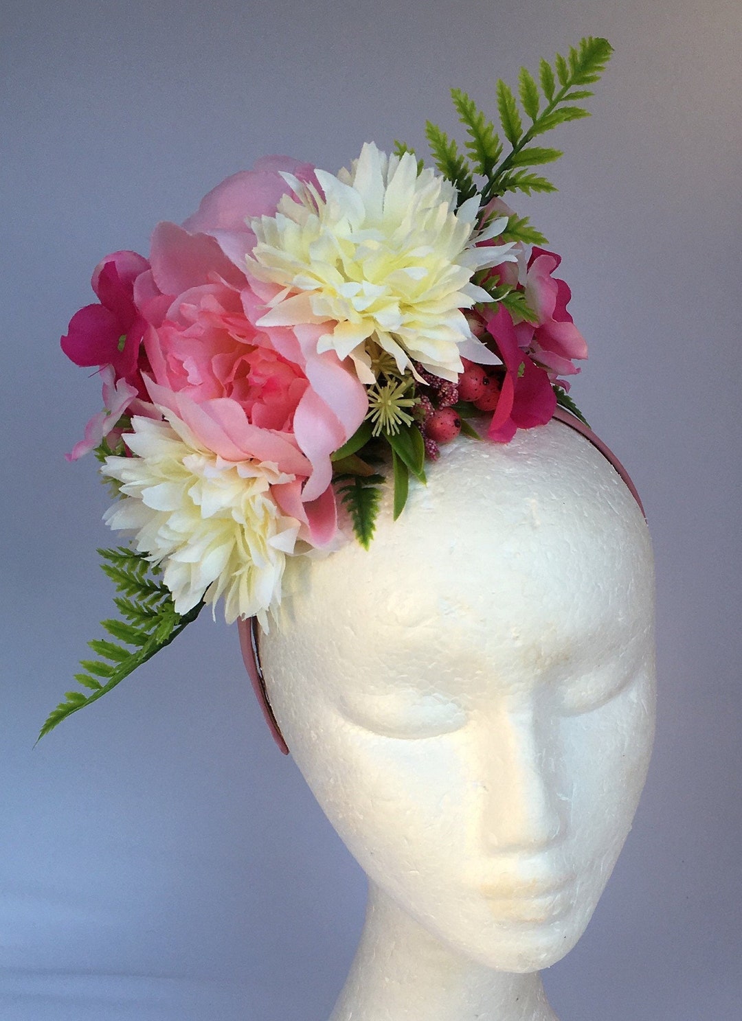 Pink and White Floral Headband With Green Foliage, Flower Headpiece, - Etsy