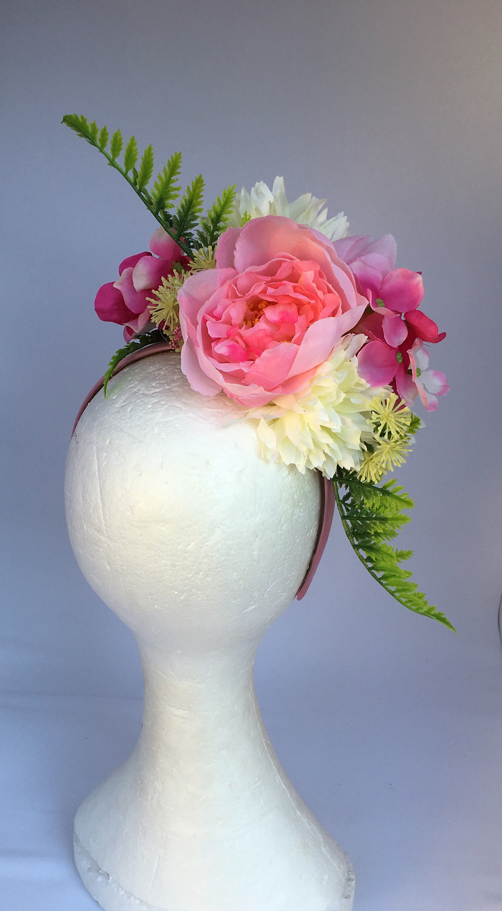 Pink and white floral headband with green foliage flower | Etsy