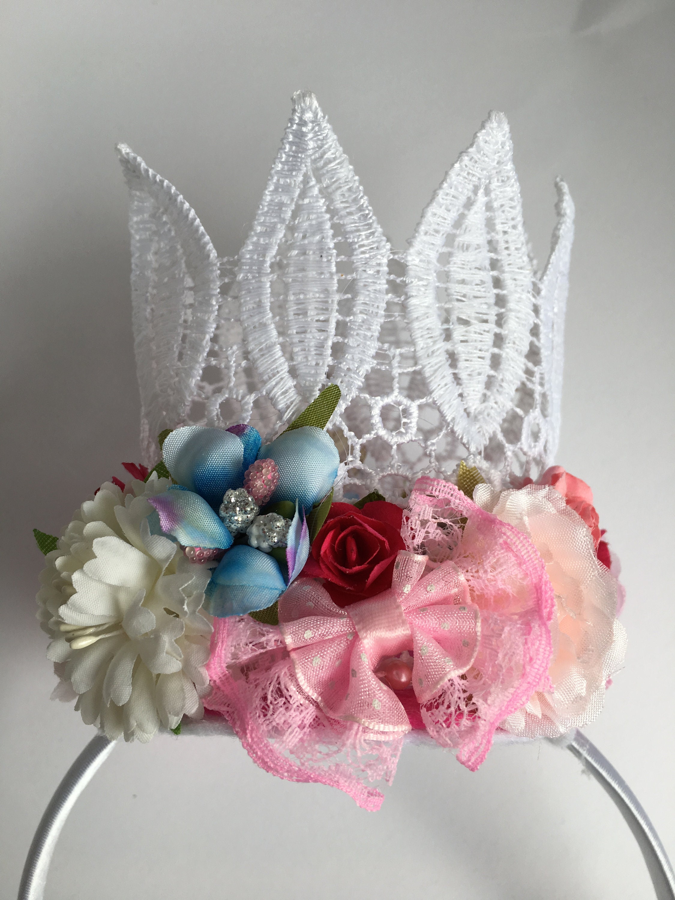Pink Flowers With White Lace Crown Headband - Etsy