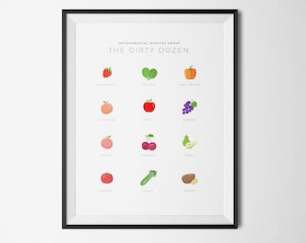 Schmutzige Dutzend Obst und Gemüse, Kunstdruck für Kinderzimmer oder Kindergarten, Baby-Dusche-Geschenk, Küche Kunstdruck, Bio-Lebensmittel-Illustration