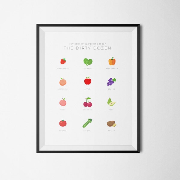 Dirty Dozen of Fruits and Veggies, Art Print for Kids Room or Nursery, Baby Shower Gift, Kitchen Art Print, Organic Food Illustration