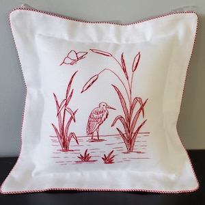 French Country Farmhouse Embroidered Linen Pillow in Red