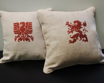 Heraldic Linen Sofa Pillows - Hand Embroidered - Chateau Collection