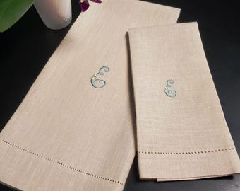 Elegant French Chateau Monogrammed Linen Guest Towels Set - Hand Hemstitched European Style