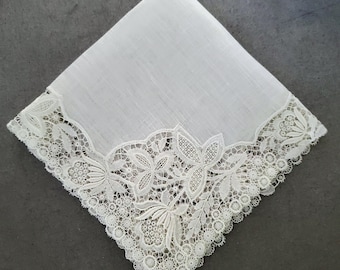 Swiss Fine Linen & Lace Alcenon-Guipere Bridal Handkerchief - Hand Monogramming is Offered