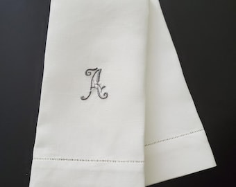 Elegant White Linen Guest Towels with French Grey Hand Monogram- Set of 2