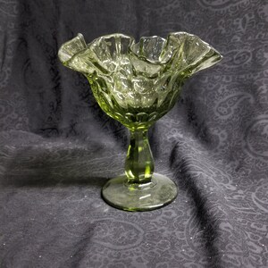 Ruffled Avocado Green Fenton Glass Candy Dish