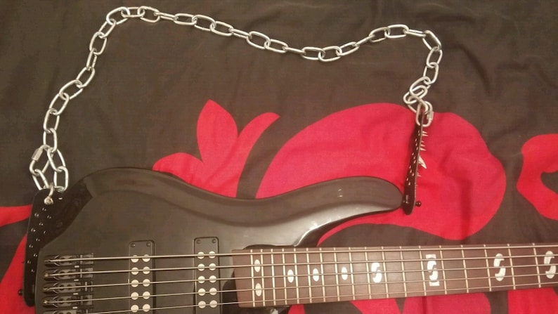 Steel Chain and Leather Guitar Strap, Optional Spikes, Adjustable Length up to 52, with Strap Lock image 1