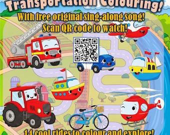 Puede incluir: Una colorida página para colorear para niños con ilustraciones de vehículos de transporte, incluyendo un camión de bomberos, un coche de policía, un barco, un tractor, una bicicleta y un helicóptero. El texto "Transportation Colouring!" está incluido.