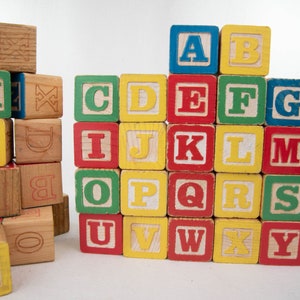 Vintage wooden alphabet and number blocks; vintage toy blocks