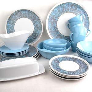 Lenotex melamine dinner and serving set; vintage blue melmac