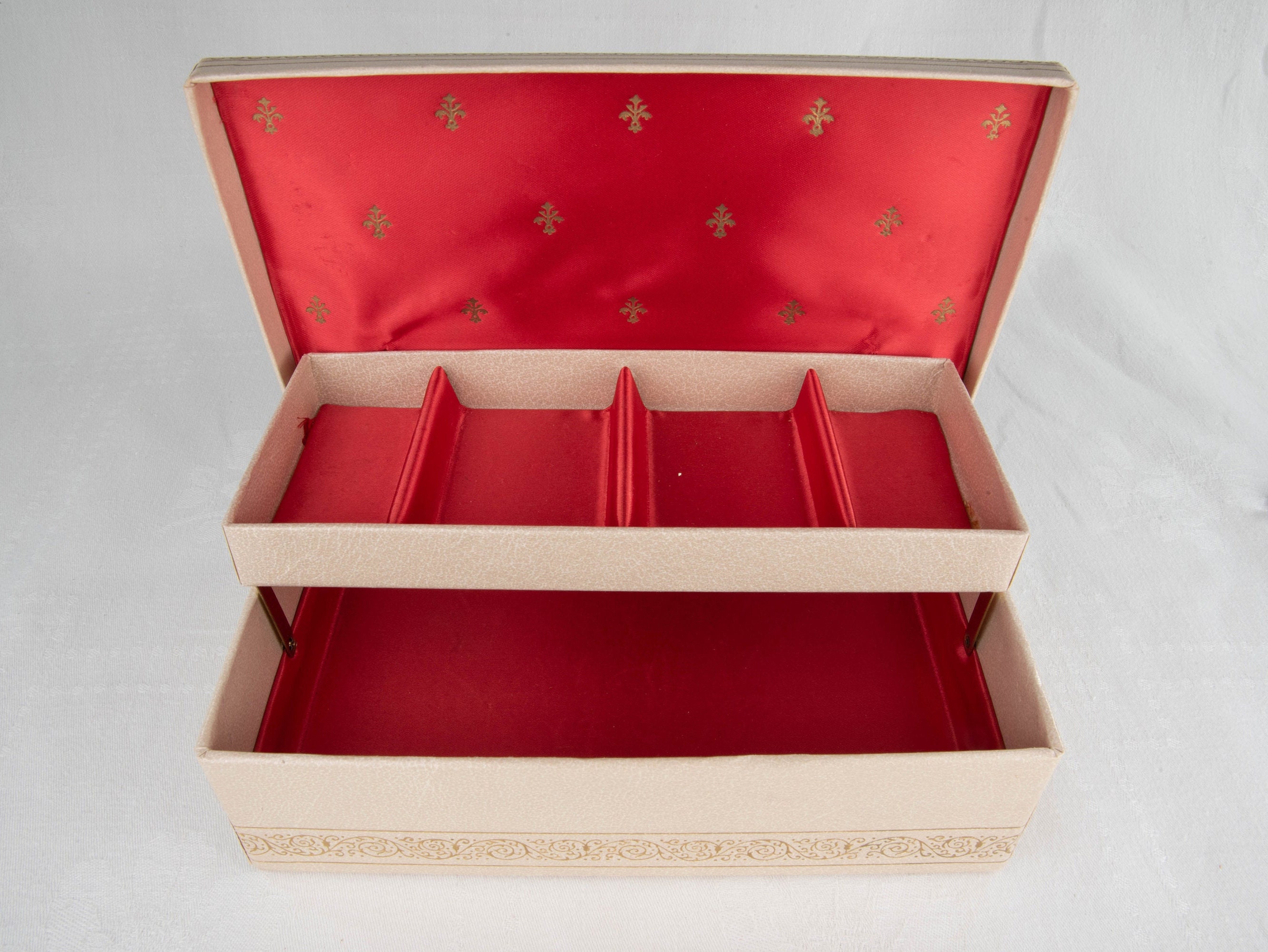 Vintage Cardboard Hat Box, Red Gold Filigree 10 Hatbox, 1970s Hat
