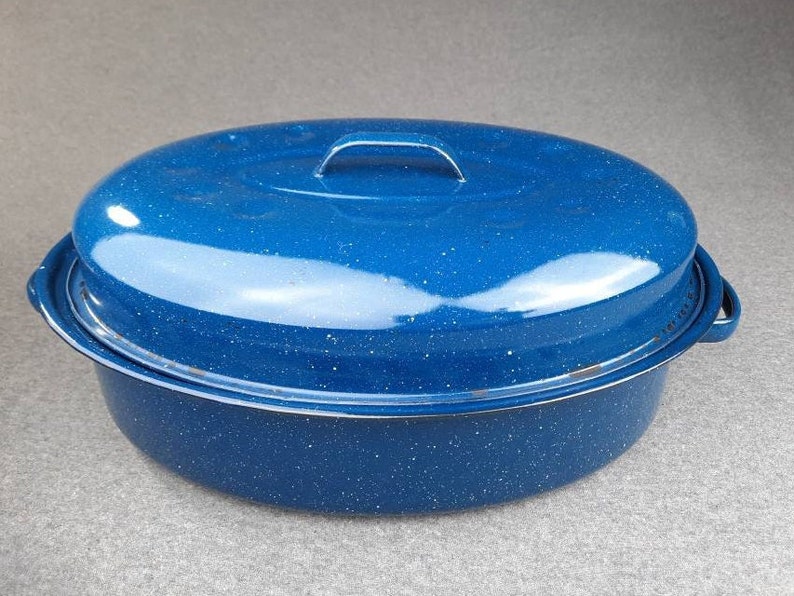Oldschool Vintage Enamel Blue Speckled Roasting Pan Etsy