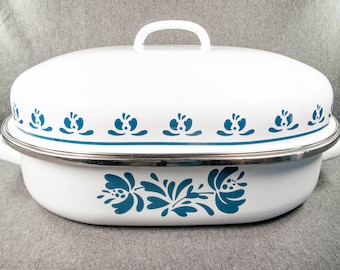 Large vintage enamel roasting pan with Pfaltzgraff Yorktowne pattern