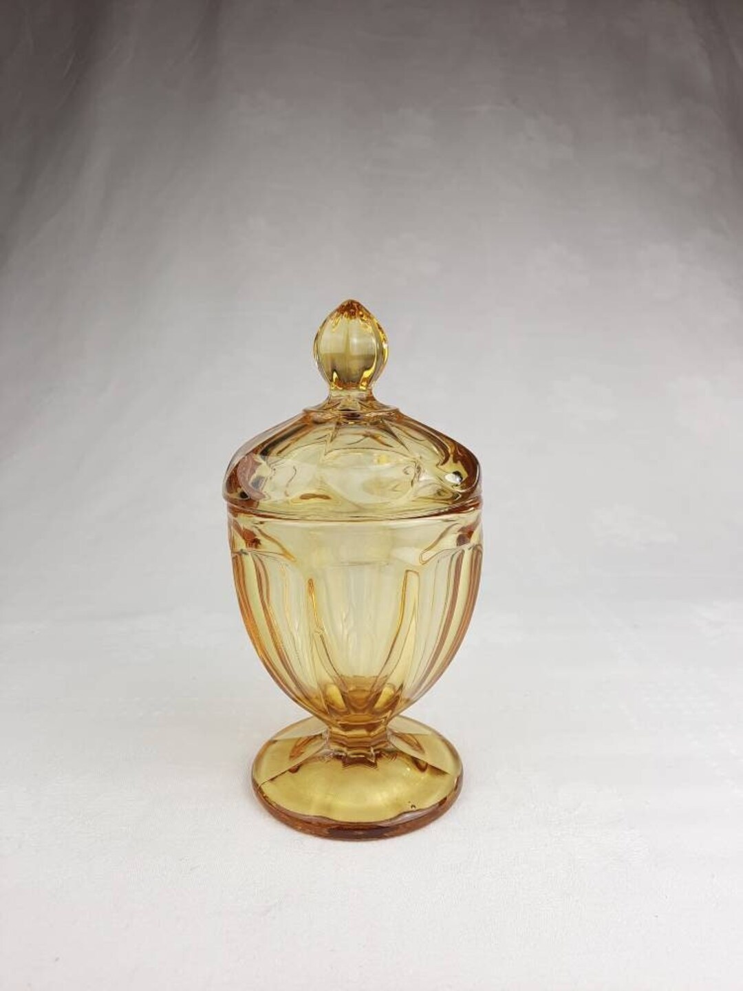 Amber Gold Glass Pedestal Bowl With Lid Vintage Glass Compote With