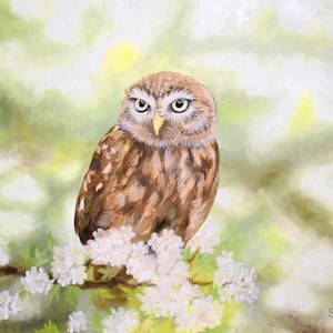 Owl Painting Original Oil Art for Home Decor Owls Painting by Sara Bach Art Owl Picture of Flowers and Bird Painting, Wall Art Home Decor