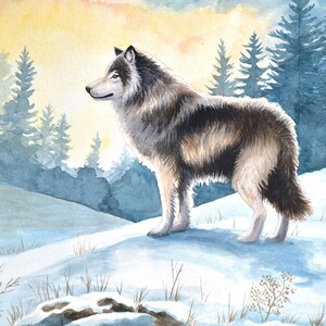 Peinture aquarelle de loup ORIGINAL encadrée, art sur le thème des forêts, art animalier de l'Alaska, décoration rustique, paysage d'hiver, belle scène de neige