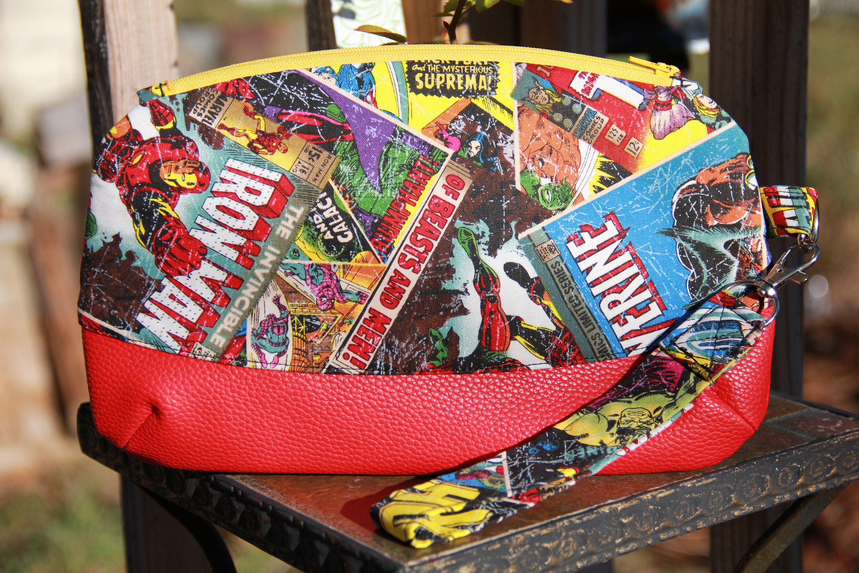 Comic book characters Handmade Wristlet Bag / Clutch with Faux Etsy