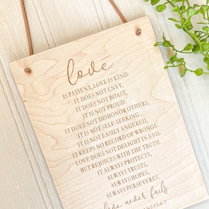 Love Is Patient Wood Wall Hanging | Love Never Fails Wood Sign | 1 Corinthians 13:4 Wood Sign