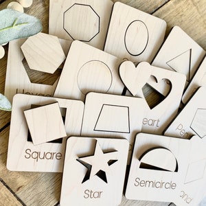 Wooden Shapes Flash Cards • Set of 8 Shapes and Names on Sturdy Wood Cards • Modern Montessori Materials • Homeschool Math