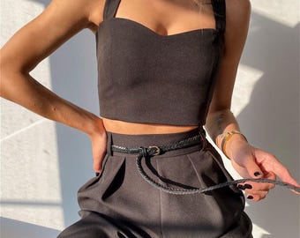 Beige Crop Bustier Top for Women, Wide Strap Corset Style Top, Elegant Cropped Cami, Structured Summer Going Out Top, Minimalist Tank