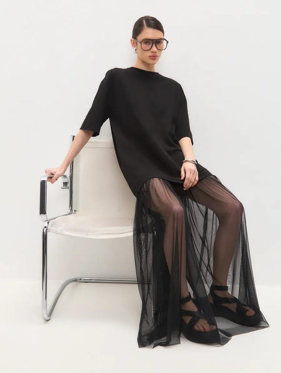 Oversized Black T-shirt Dress With Sheer Mesh Maxi Skirt – Cotton Casual  Gothic Evening Outfit