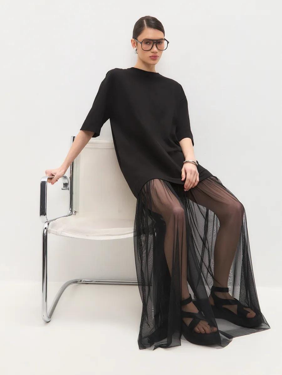 Oversized Black T-Shirt Dress with Sheer Mesh Maxi Skirt - Cotton Casual Gothic Evening Outfit