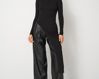 Asymmetrical Black Cotton Tunic Top, Long Sleeve Minimalist Shirt for Women, Modern Casual Wear, Ready to Ship from USA